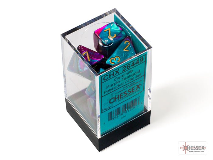 Chessex - Gemini Polyhedral 7 Dice Set - Purple-Teal with Gold - Loaded Dice