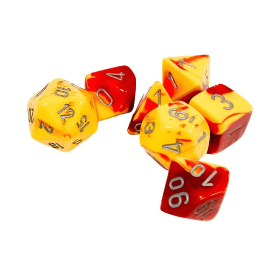 Chessex - Gemini Polyhedral 7 Dice Set - Red-Yellow with Silver - Loaded Dice