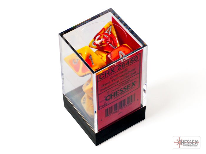 Chessex - Gemini Polyhedral 7 Dice Set - Red-Yellow with Silver - Loaded Dice