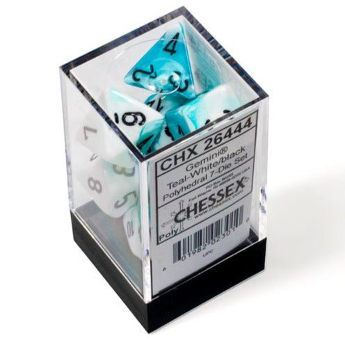 Chessex Gemini White-Teal with Black dice set packed in its clear display case