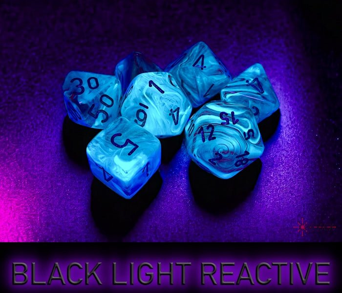 Chessex - Ghostly Polyhedral 7 Dice Set - Glow Pink & Silver - Loaded Dice