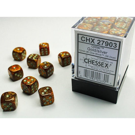 Chessex - Glitter 12mm D6 Dice Block - Gold w/ Silver - Loaded Dice