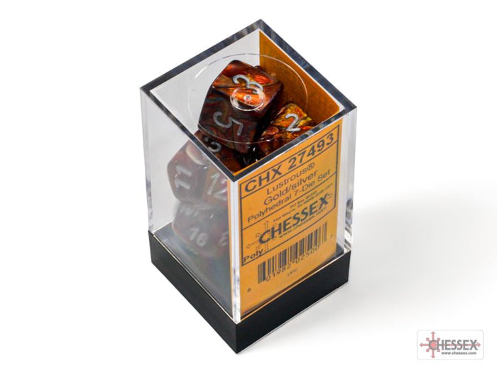 Chessex Lustrous Gold with Silver polyhedral dice in the clear storage cube