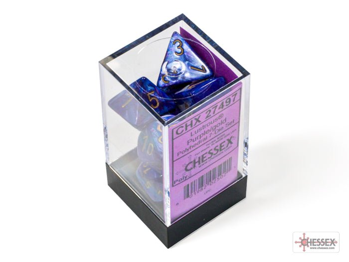 Chessex Lustrous Purple with Gold polyhedral dice set in its clear display case