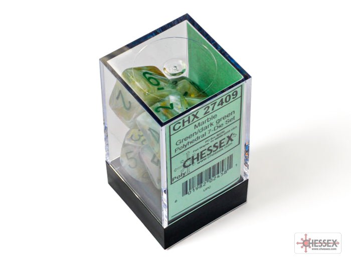 Chessex Marble Green with Dark Green polyhedral dice set in its clear plastic cube case