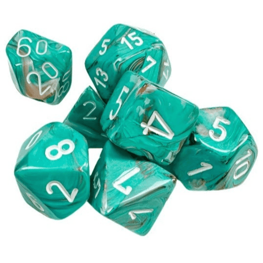 Chessex - Marble Polyhedral 7 Dice Set - Oxi-Copper & White - Loaded Dice