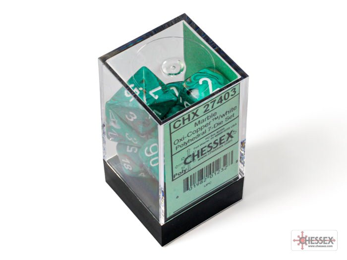 Chessex Marble Oxi-Copper and White dice in their clear cube box, CHX 27403