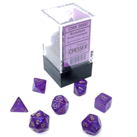 Chessex Mini Borealis Luminary Royal Purple and Gold 7 dice set with its display case