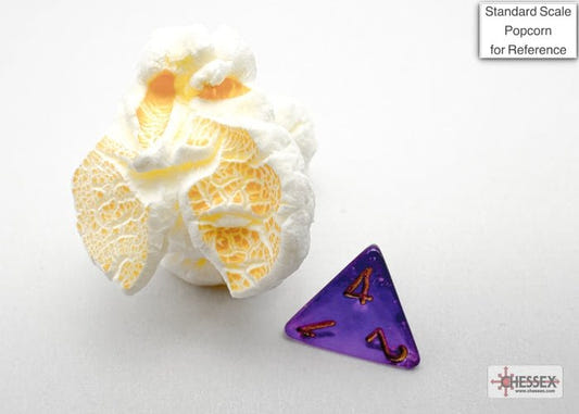 Chessex Mini Borealis Luminary Royal Purple and Gold mini D4 beside a piece of popcorn for scale