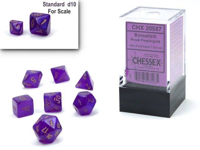 Chessex Mini Borealis Royal Purple dice set beside a standard d10 for size comparison