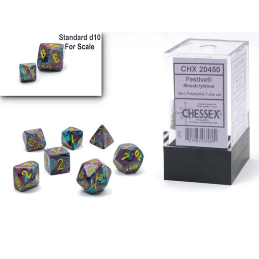 Chessex - Mini Festive Polyhedral 7 Die Set - Mosaic Yellow - Loaded Dice