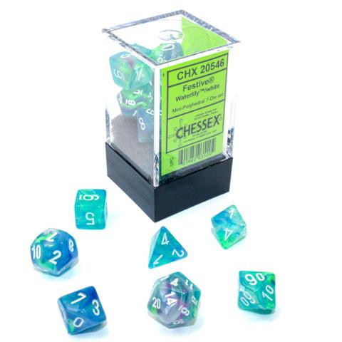 Chessex Mini Festive Waterlily polyhedral dice set in blue and teal swirl, with its display case
