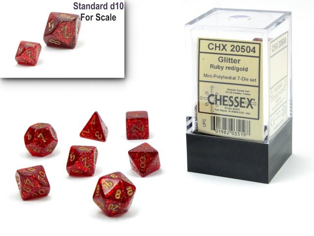 Chessex - Mini Glitter Polyhedral 7 Die Set - Ruby Gold - Loaded Dice