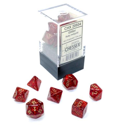 Chessex - Mini Glitter Polyhedral 7 Die Set - Ruby Gold - Loaded Dice
