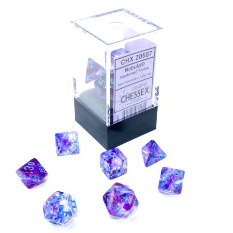 Chessex Mini Nebula Luminary Nocturnal Blue seven dice set in front of its clear cube box