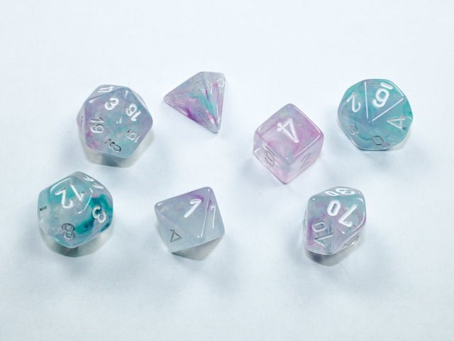 Chessex Mini Nebula Wisteria White 7-die set, translucent purple and teal swirl with white numbers