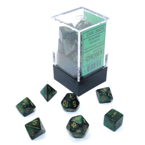 Chessex Mini Scarab Jade and Gold polyhedral 7 dice set with its clear display box