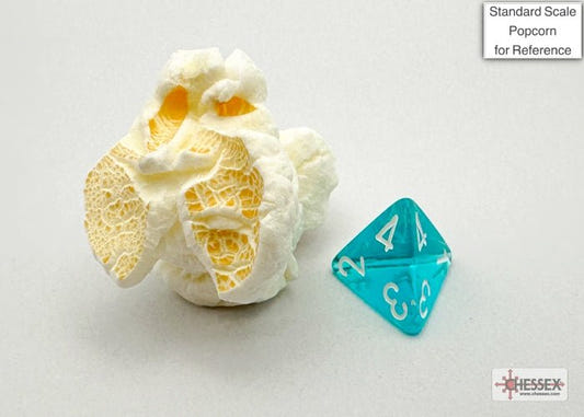 Chessex Mini Translucent Teal die beside a piece of popcorn for scale