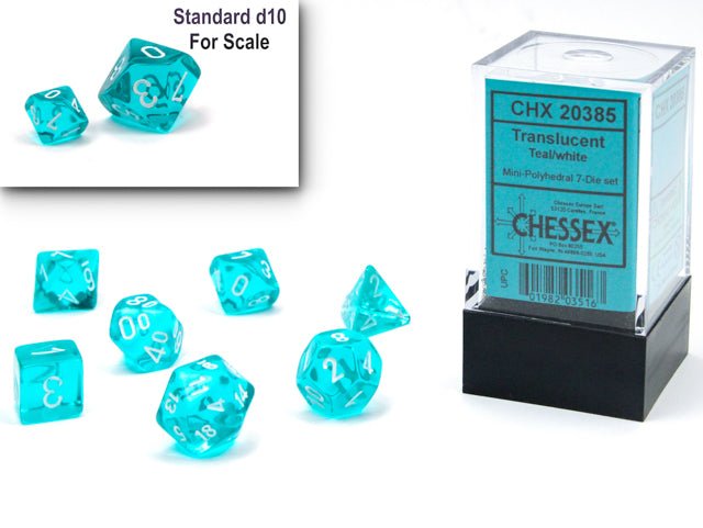 Chessex Mini Translucent Teal dice CHX 20385 with case and a standard d10 for scale
