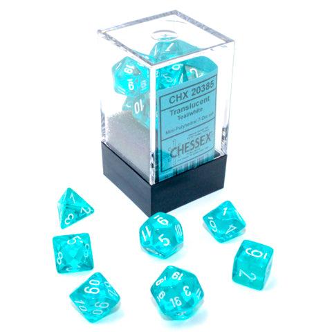 Chessex Mini Translucent Teal with White seven-dice set, clear case with dice spread in front