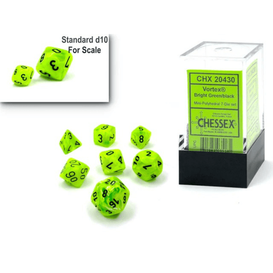 Chessex - Mini Vortex Polyhedral 7 Die Set - Bright Green & Black - Loaded Dice