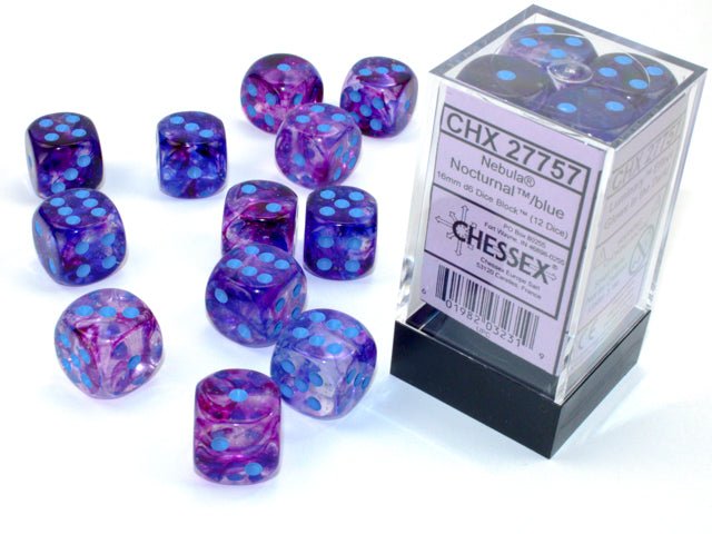 Chessex Nebula Luminary Nocturnal Blue 16mm D6 dice block with its clear case