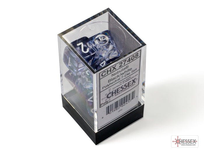 Chessex Nebula black with white polyhedral dice in clear display case