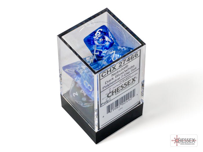 Chessex Nebula Dark Blue with White 7 dice set in its clear plastic storage cube