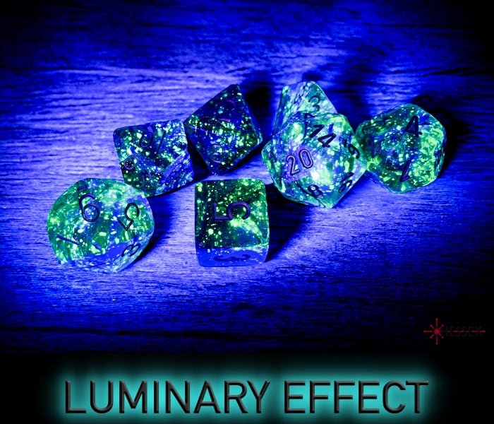 Chessex Nebula Oceanic Gold dice glowing green under UV, showing the Luminary effect