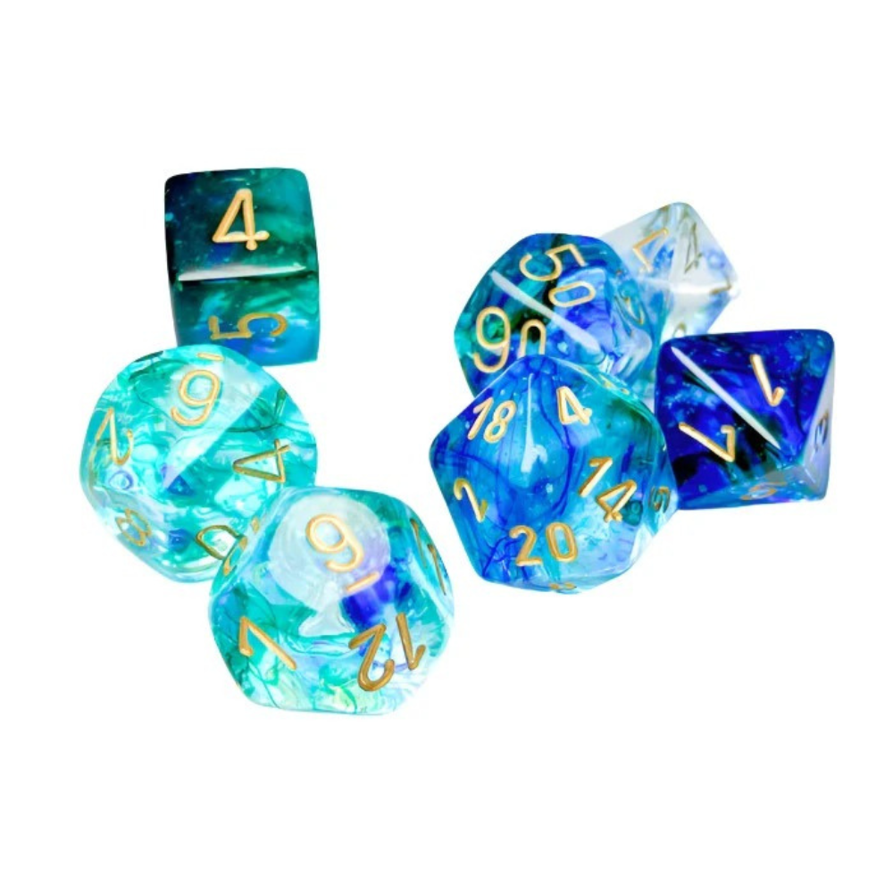 Chessex - Nebula Polyhedral 7 Dice Set - Luminary Oceanic Gold - Loaded Dice