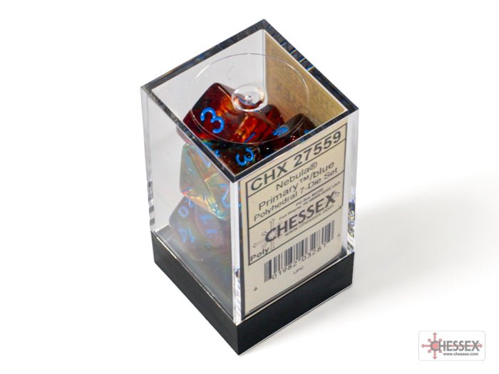 Chessex Nebula Luminary Primary 7 dice set packed in its clear Chessex display case