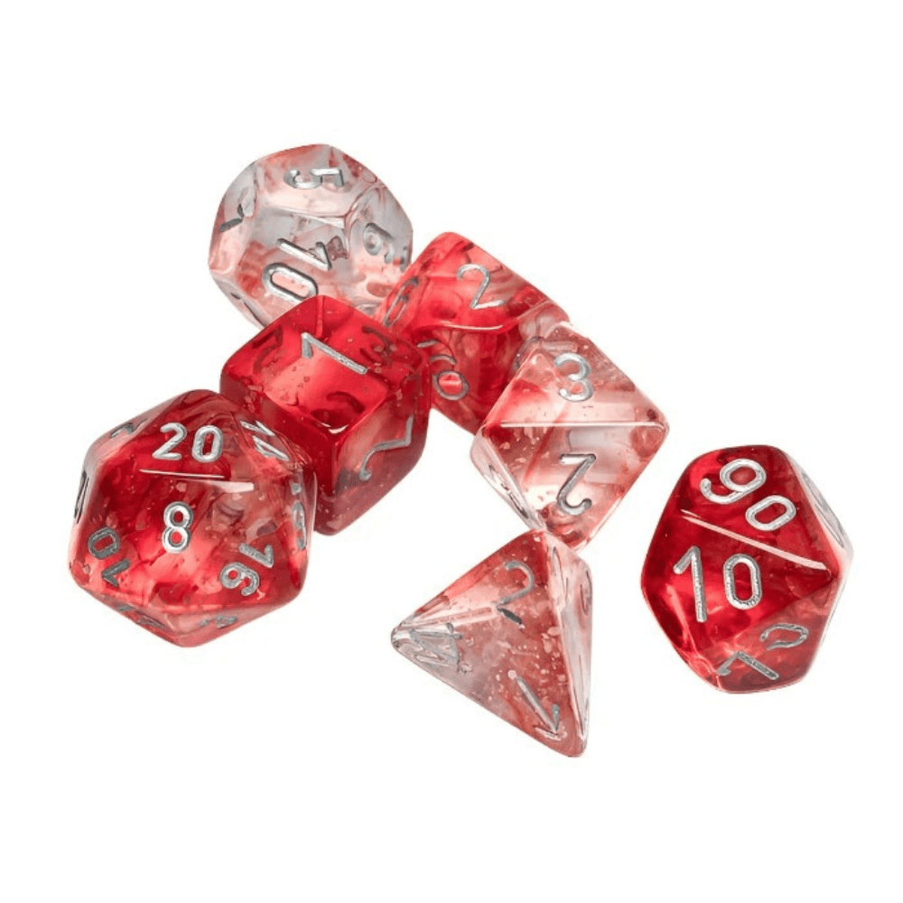 Chessex - Nebula Polyhedral 7 Dice Set - Luminary Red & Silver - Loaded Dice