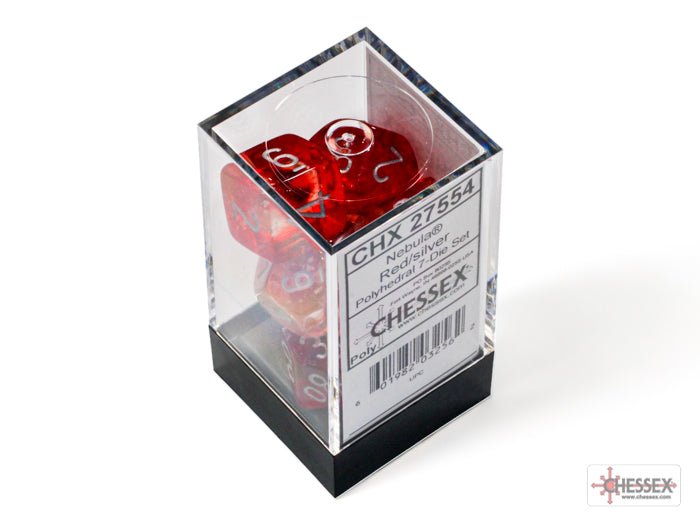 Chessex Nebula Red and Silver 7 dice set in clear cube packaging