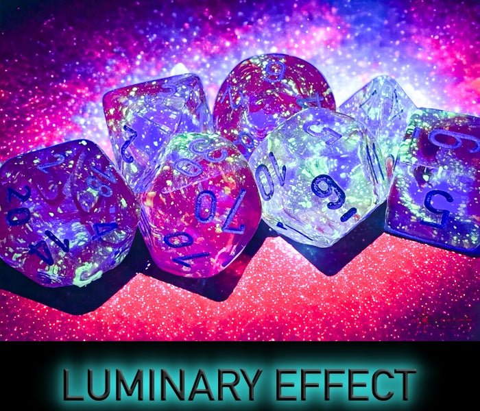 Chessex Nebula Red dice glowing in the dark to show the Luminary effect
