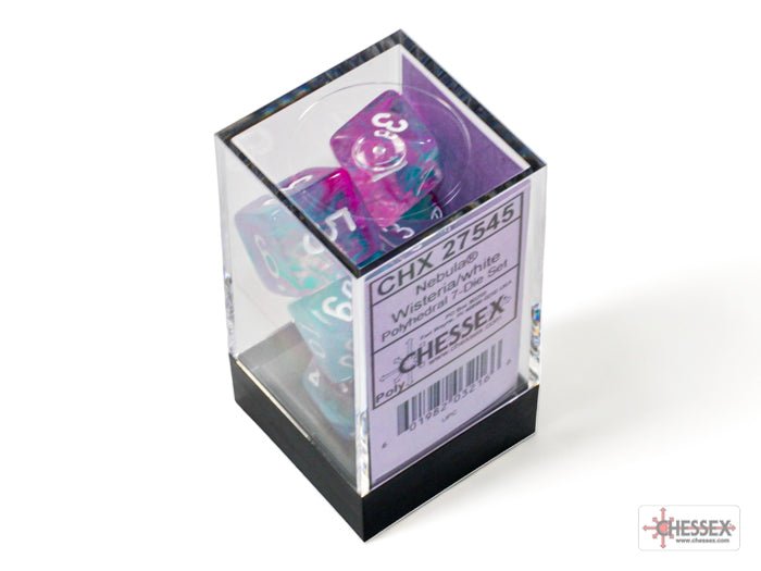 Chessex Nebula Wisteria and White 7 dice set in clear cube packaging