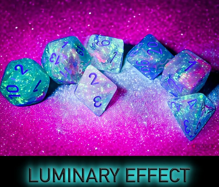 Chessex Nebula Wisteria dice glowing in the dark to show the Luminary effect