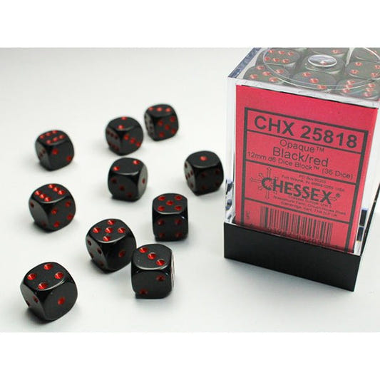 Chessex - Opaque 12mm D6 Dice Block - Black w/Red - Loaded Dice