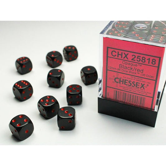 Chessex - Opaque 12mm D6 Dice Block - Black w/Red - Loaded Dice