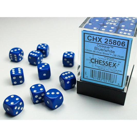 Chessex - Opaque 12mm D6 Dice Block - Blue w/White - Loaded Dice
