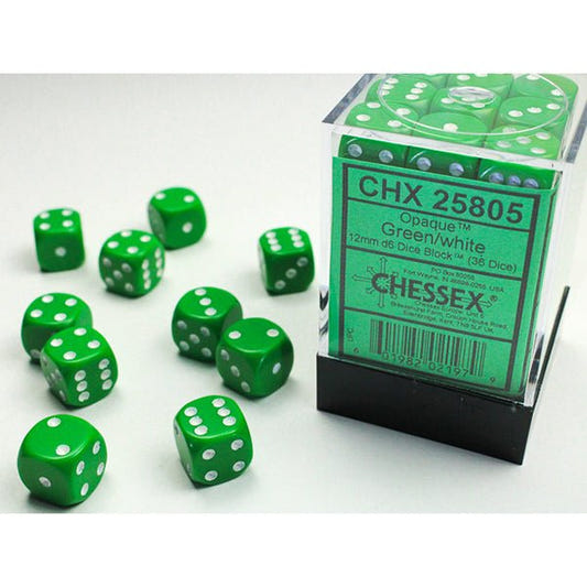 Chessex - Opaque 12mm D6 Dice Block - Green w/White - Loaded Dice
