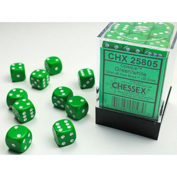 Chessex - Opaque 12mm D6 Dice Block - Green w/White - Loaded Dice