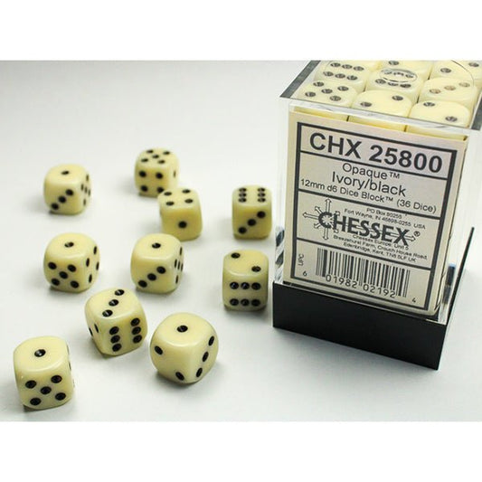 Chessex - Opaque 12mm D6 Dice Block - Ivory w/Black - Loaded Dice