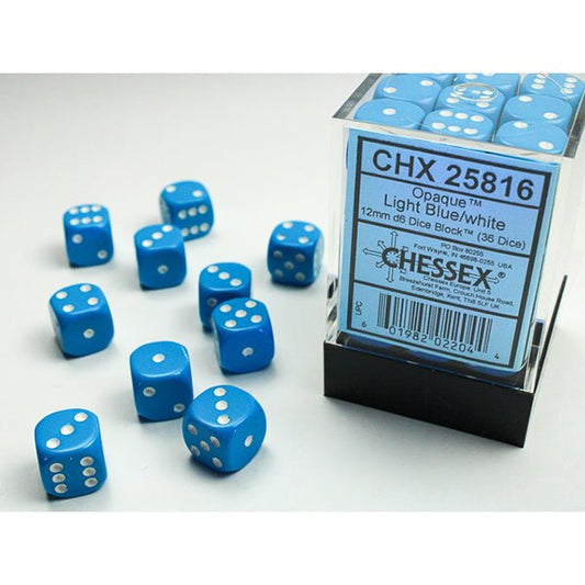 Chessex - Opaque 12mm D6 Dice Block - Light Blue w/White - Loaded Dice