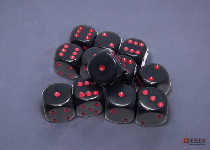 Chessex Opaque black 16mm D6 dice with red pips piled on a grey surface