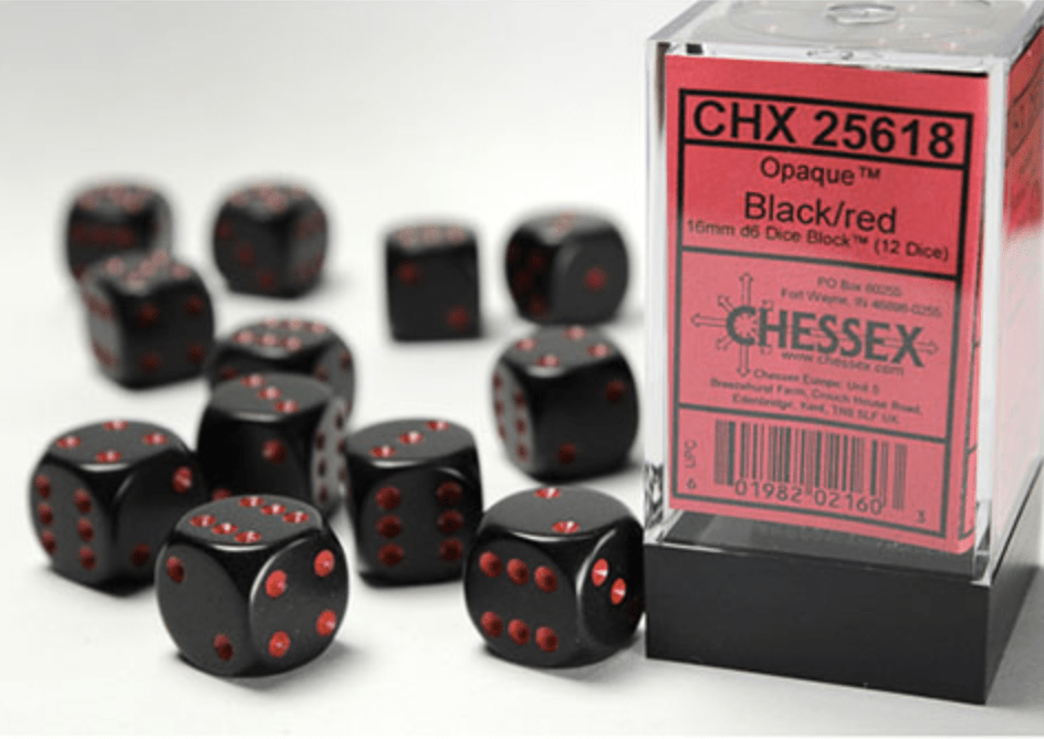 Loose Chessex Opaque black 16mm D6 dice with red pips beside their CHX 25618 display box