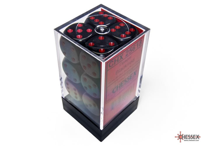 Chessex Opaque Black with Red 16mm D6 dice block packed in its clear display cube
