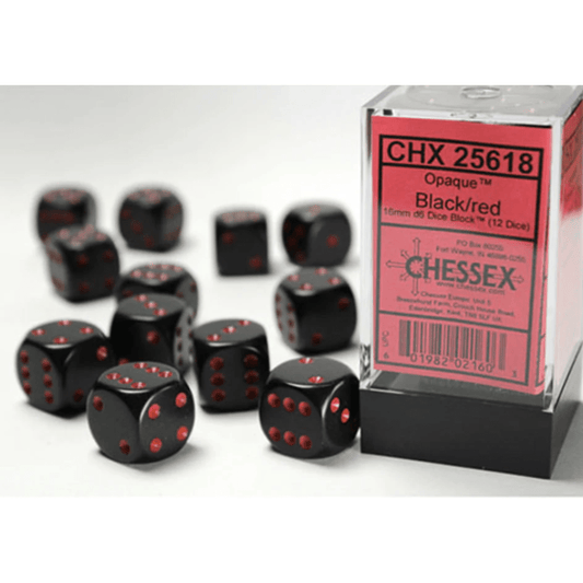 Chessex - Opaque 16mm D6 Dice Block - Black with Red - Loaded Dice