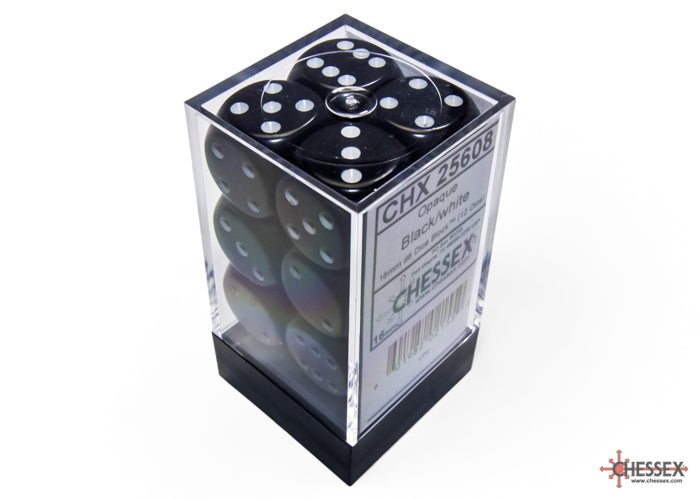 Chessex - Opaque 16mm D6 Dice Block - Black with White - Loaded Dice