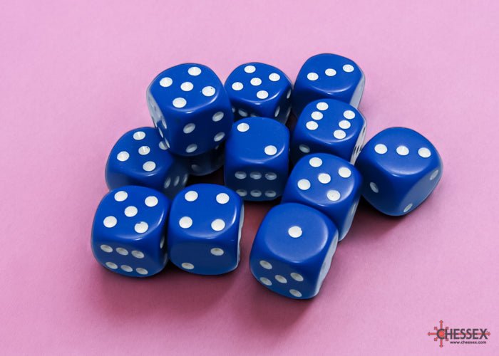 Chessex Opaque blue 16mm D6 dice with white pips on a pink background
