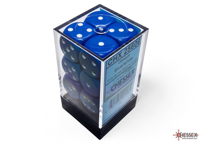 Chessex Opaque blue 16mm D6 dice block of twelve stacked in its clear display case